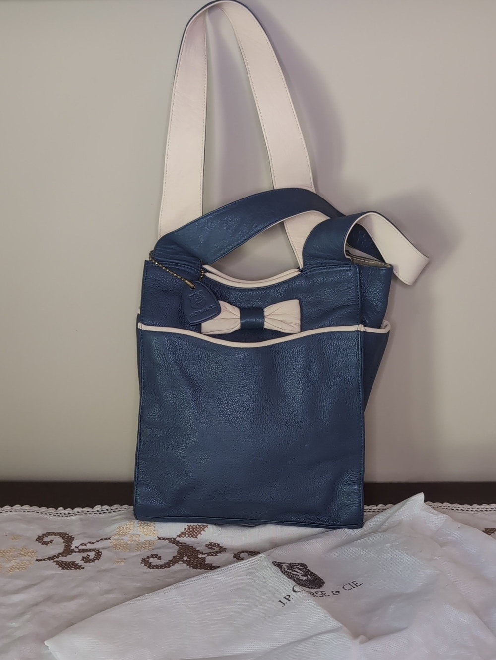 J P Ourse & Cie Blue/Gray Leather Bucket Bag with Cream Trim & Dustbag